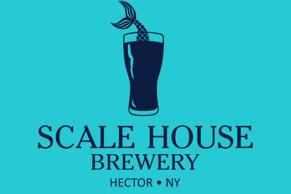 turquoise background with navy blue text 'Scale House Brewery' with pint glass filled and fish tail coming out of top of pint glass