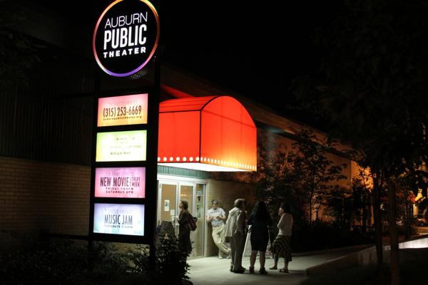 Auburn Public Theater Marquis lit up at night