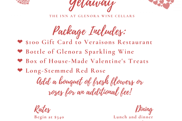 Description of Valentine's Day Getaway Package details, with pink hearts and swirling script.