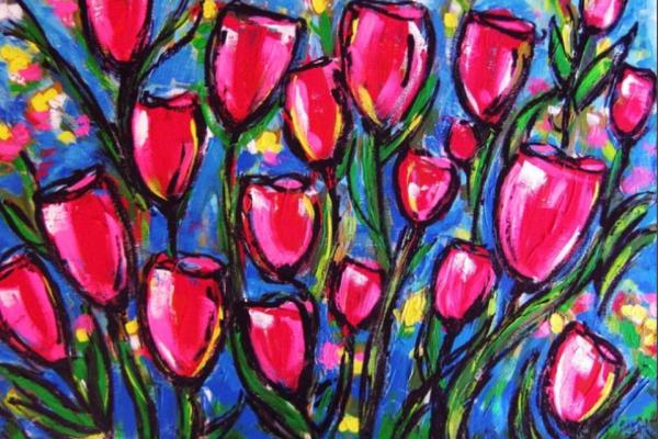 Painted bouquet of pink tulips