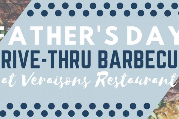 Banner image for Drive-Thru Barbecue at Veraisons, with blue and white text, featuring small images of chicken barbecue and sides.