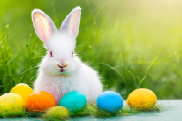 white bunny in grass with colored eggs in front