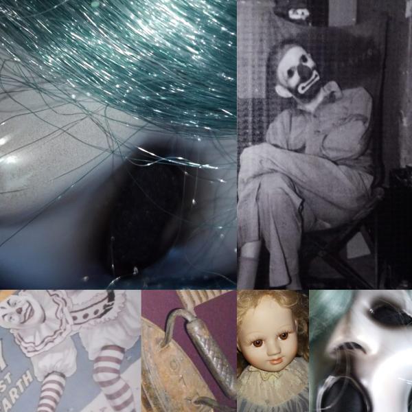 creepy collection of photos of dolls, masks and a man wearing clown make-up